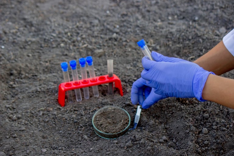 A scientist takes soil into a test tube for analysis. Selective focus