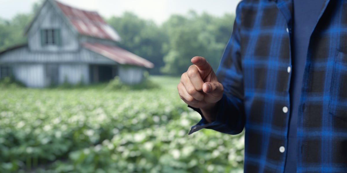 A person in a blue plaid shirt points toward the expansive fields of crops, with a quaint farmhouse nestled in the background, showcasing rural life.