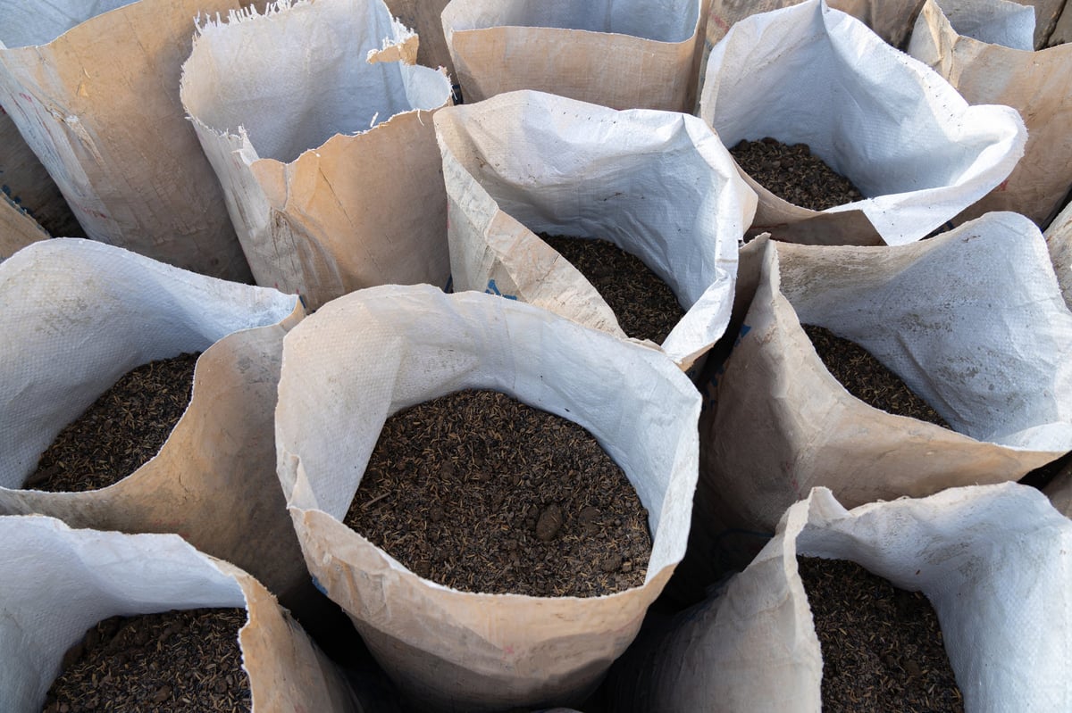 Bags of soil amendment product prepared for agricultural use