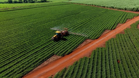 Aerial view tractor spraying green crops conservation