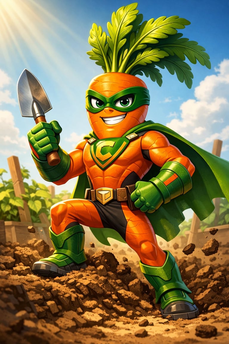 Captain Carrot superhero character with green mask and cape holding a shovel in a garden setting