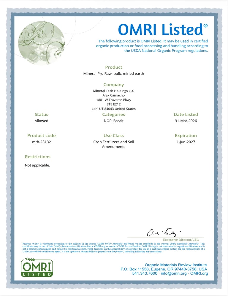 OMRI Listed certification document for Mineral Pro Raw bulk mixed earth product by Mineral Tech Holdings LLC, valid until June 1 2027