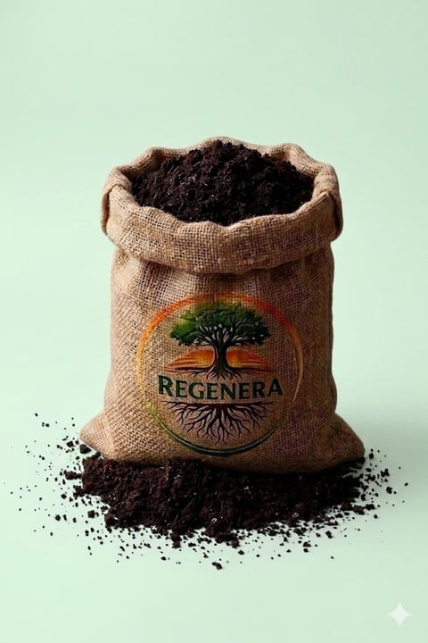 Burlap sack labeled Regenera filled with dark soil, with pile spilled in front on mint green background