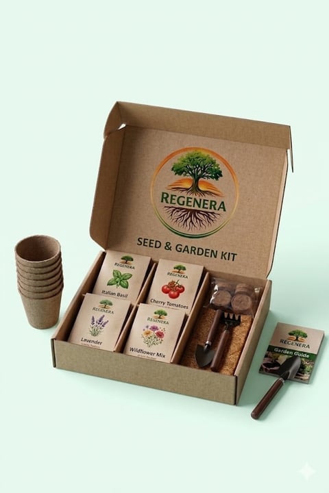 Regenera Seed and Garden Kit in cardboard box with seed packets, peat pots, tools, and instruction booklet on mint background