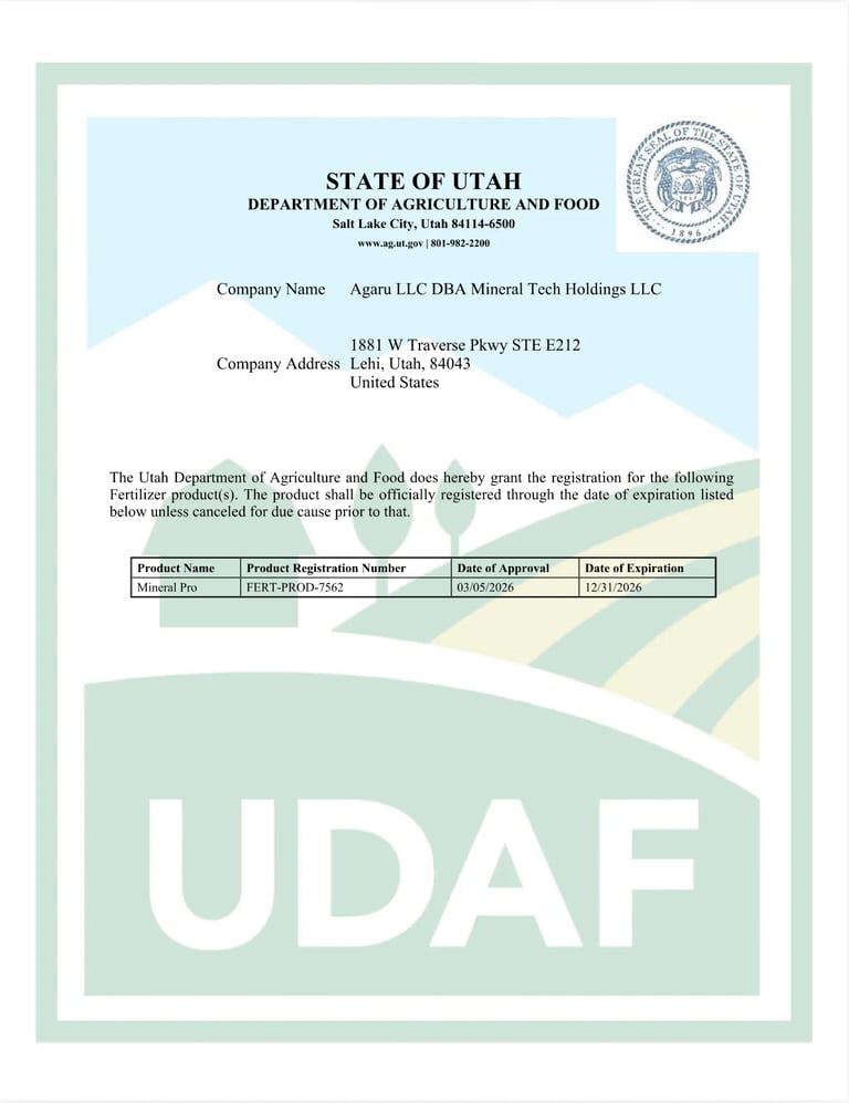 Utah Department of Agriculture and Food fertilizer registration certificate for Agoro LLC DBA Mineral Tech Holdings LLC